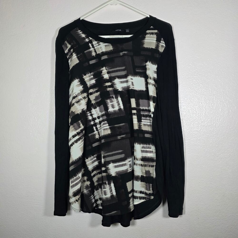 Apt. 9 black white abstract mixed media high low tunic top women’s L